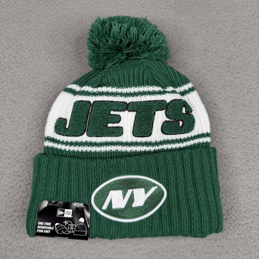 New York Jets Hat Beanie Knit Pom Mens One Size Green NFL Football New Era